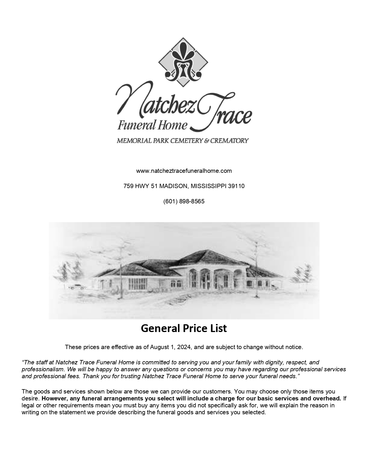 Natchez Trace Funeral Home 
Memorial Park Cemetery & Crematory  
General Price List August 1, 2024